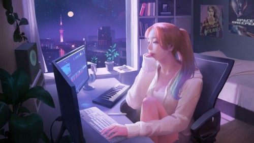动漫女孩 玩游戏 睡觉4K壁纸 预览展示图 2