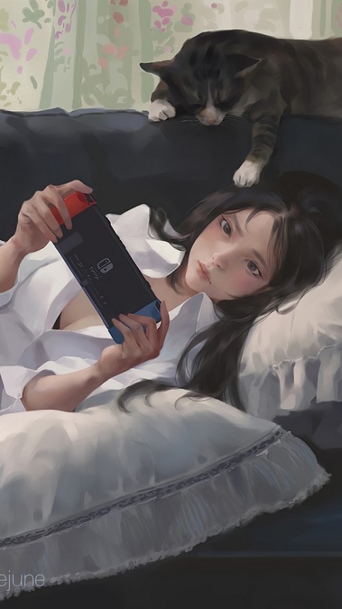 动漫女孩 玩游戏 睡觉4K壁纸 预览展示图 1